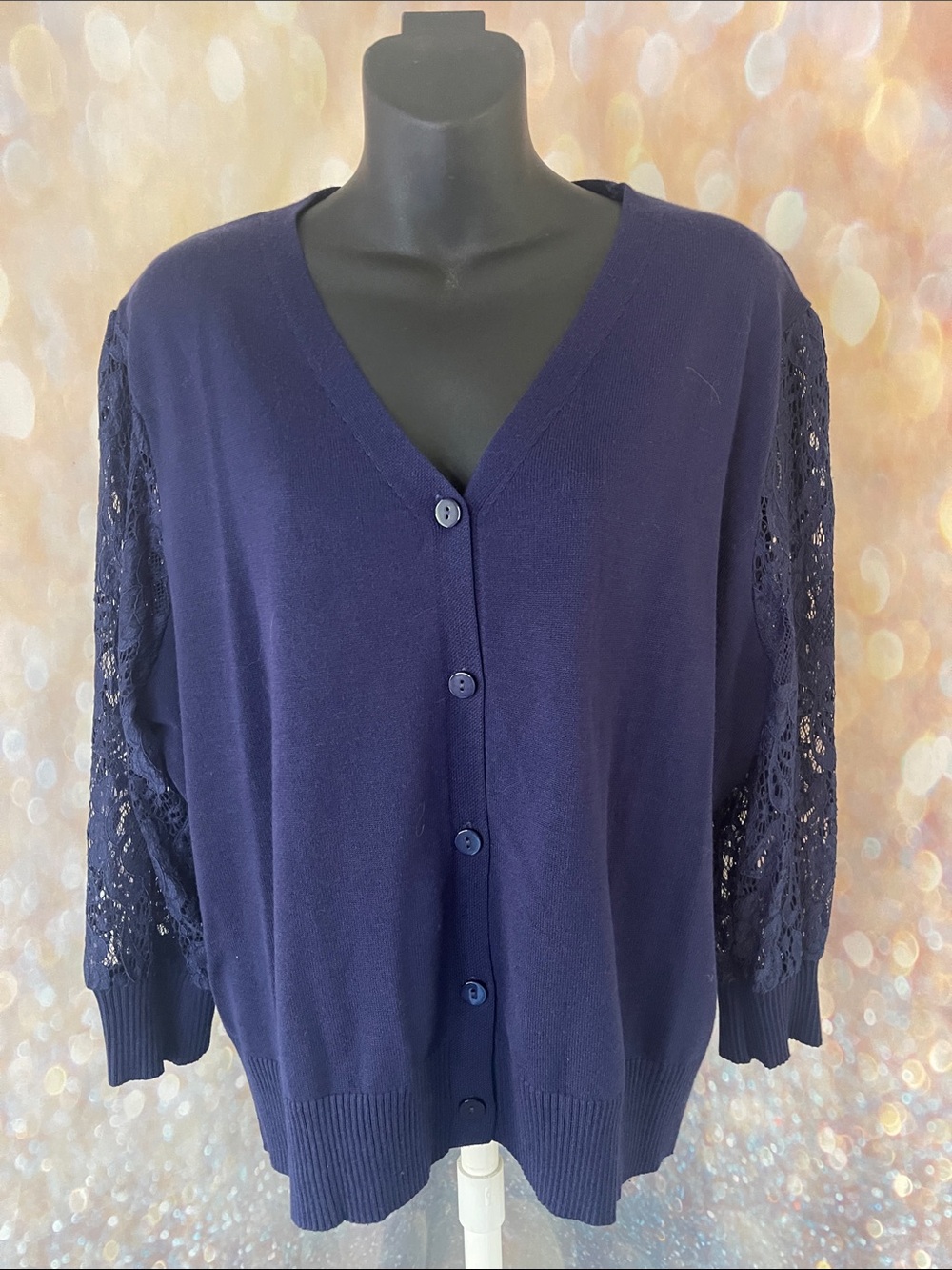 Grace Karin Navy V-Neck Button Cardigan with Lace Sleeves Size 2X